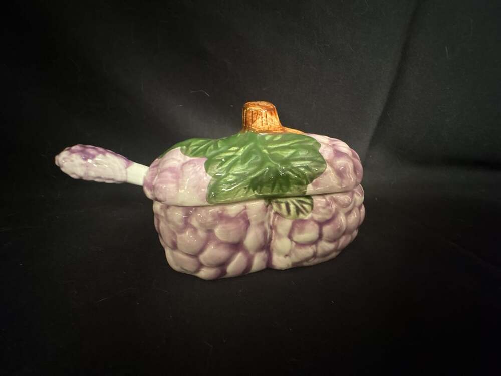 Vintage Ceramic Purple Grape Cluster Lidded Condiment Jar with Spoon